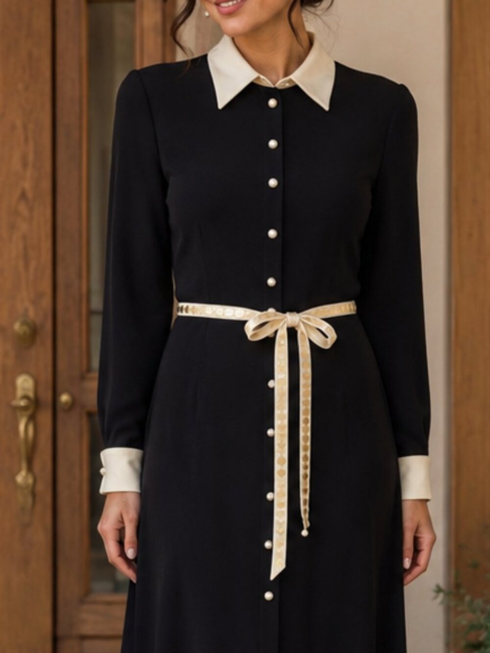 Vintage 1990s Due Per Due Veste Black Midi Dress with White Accents Size 8 NWT